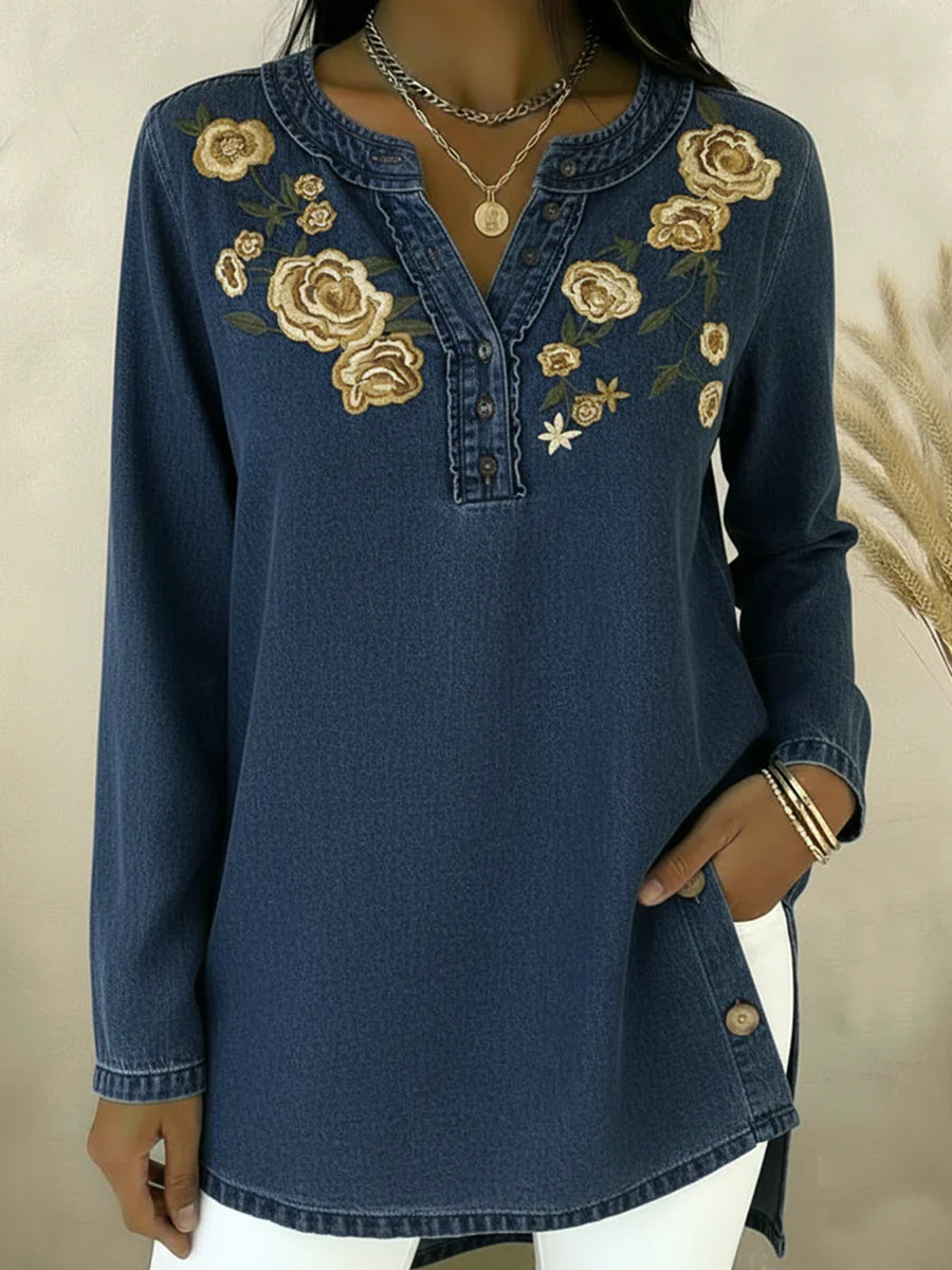 Seyla - Collar Floral Denim Shirt