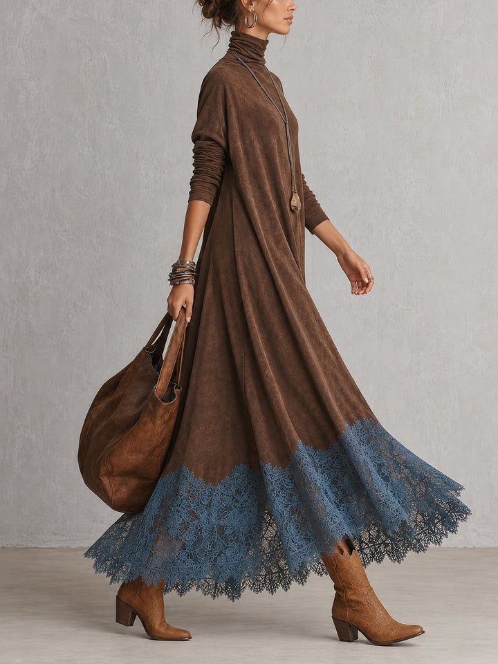 Maelis - Velvety Lace-Trim Maxi Dress