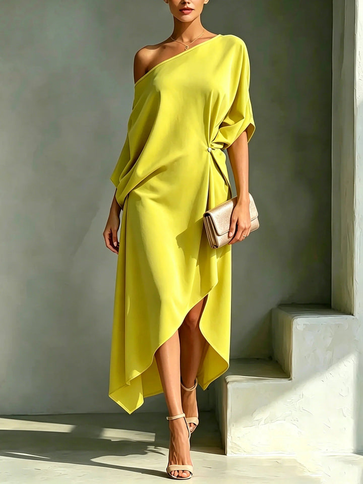 Andrea - Draped Asymmetric One-Shoulder Midi Dress