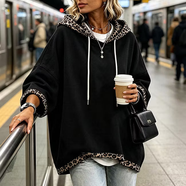 Aliz - Leopard Trim Batwing Hooded Sweatshirt