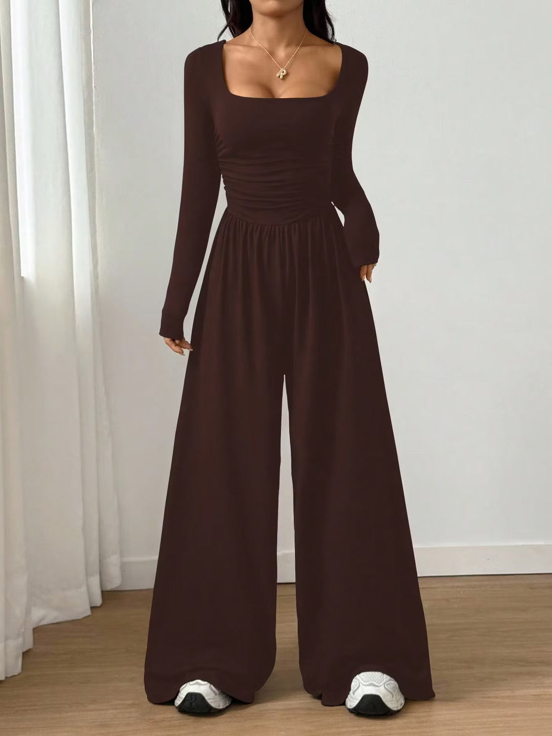 Alise - Ruched Square Neck Wide Leg Jumpsuit