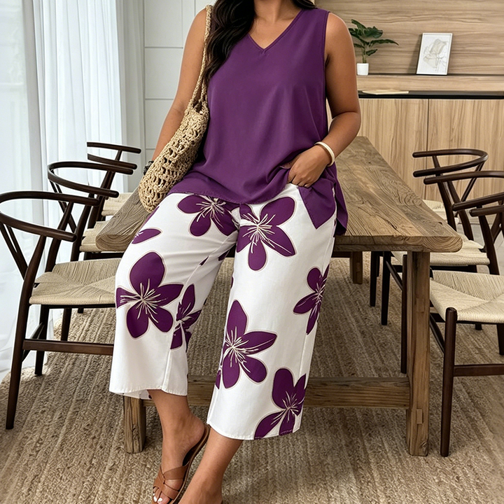 Marissa - Soft-Touch Asymmetric Top & Floral Capri Set