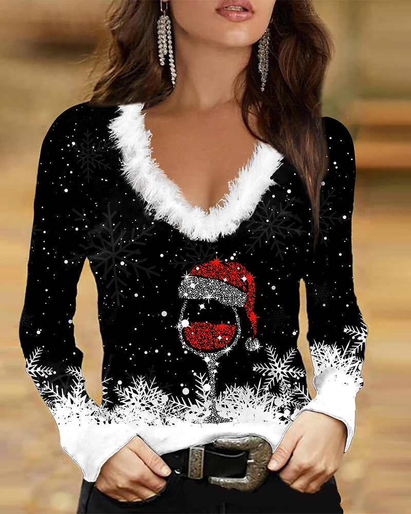 Selira - Plush-Trim V-Neck Party Top