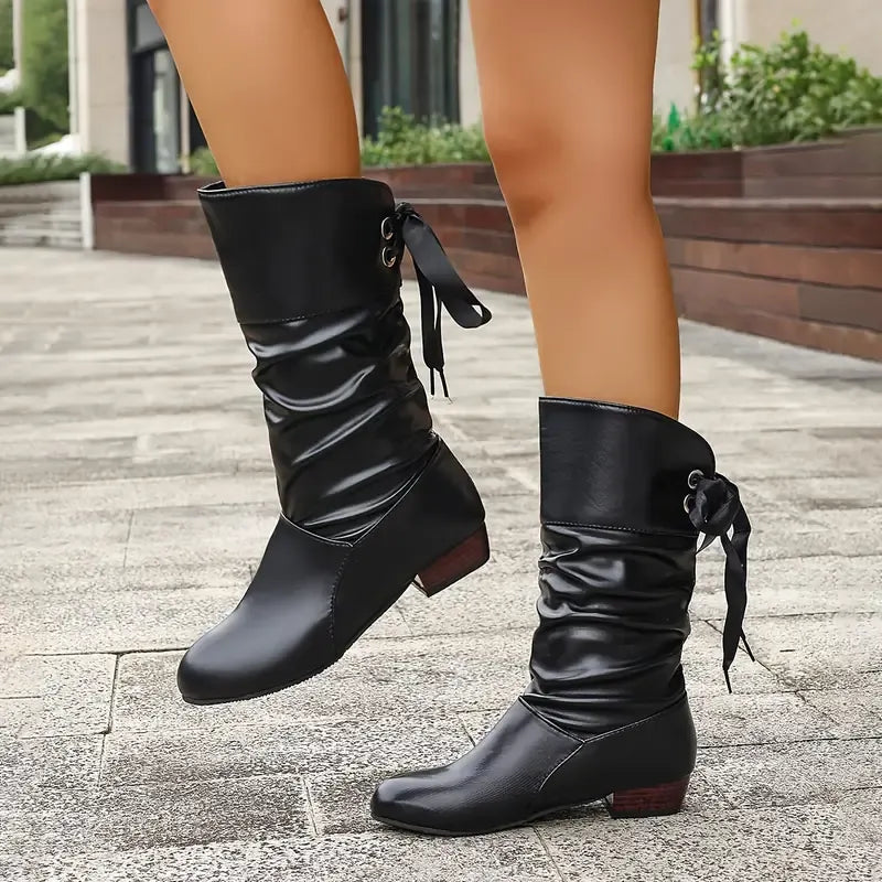 Hilda - Ruched Lace Up Mid Calf Boots