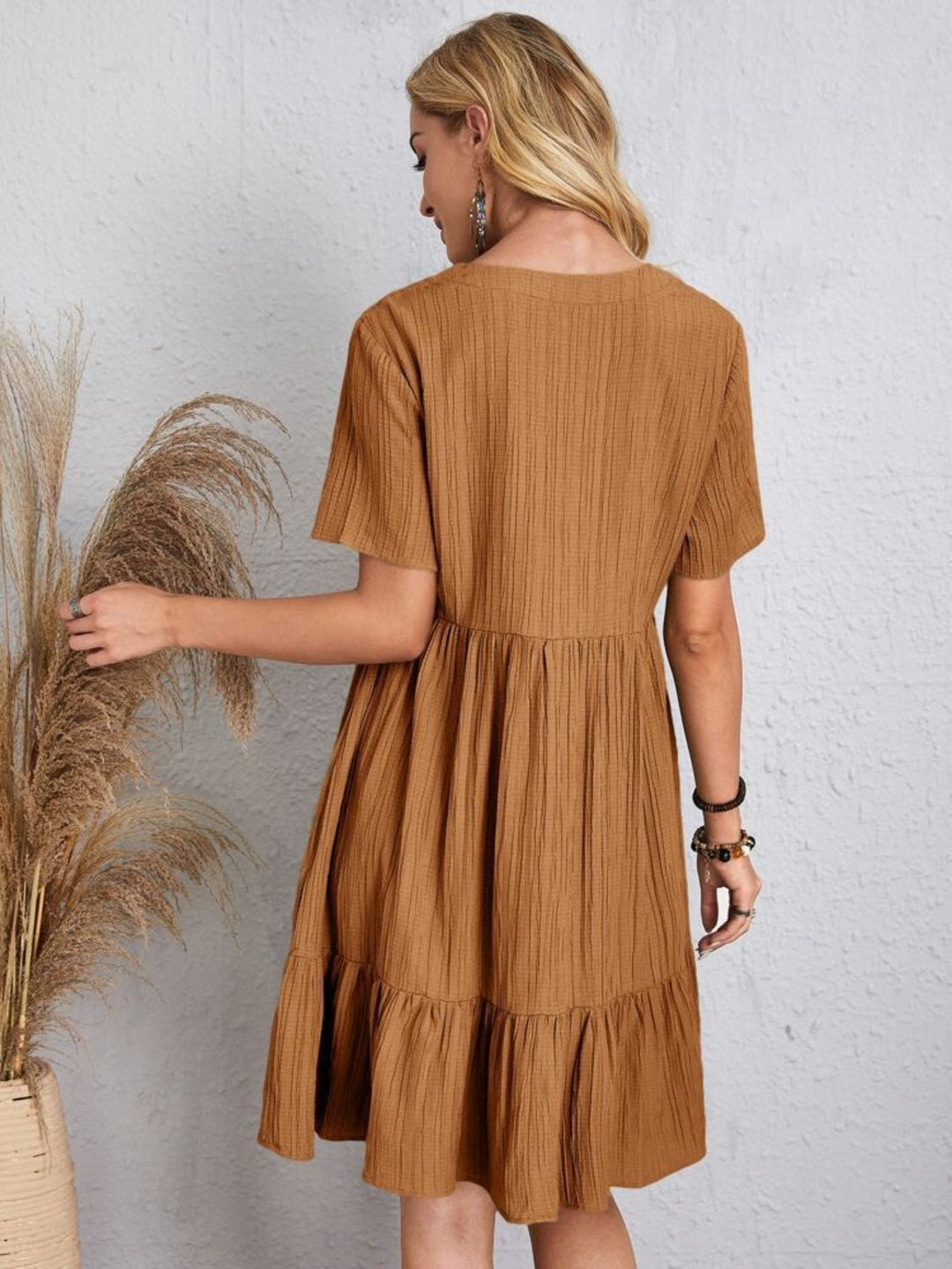 Belinda - Textured V Neck Tiered Mini Dress
