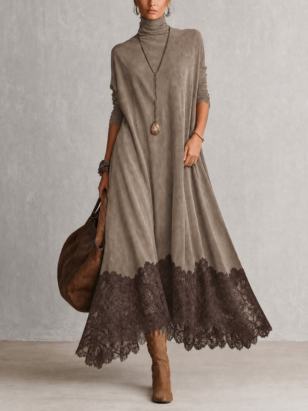 Maelis - Velvety Lace-Trim Maxi Dress