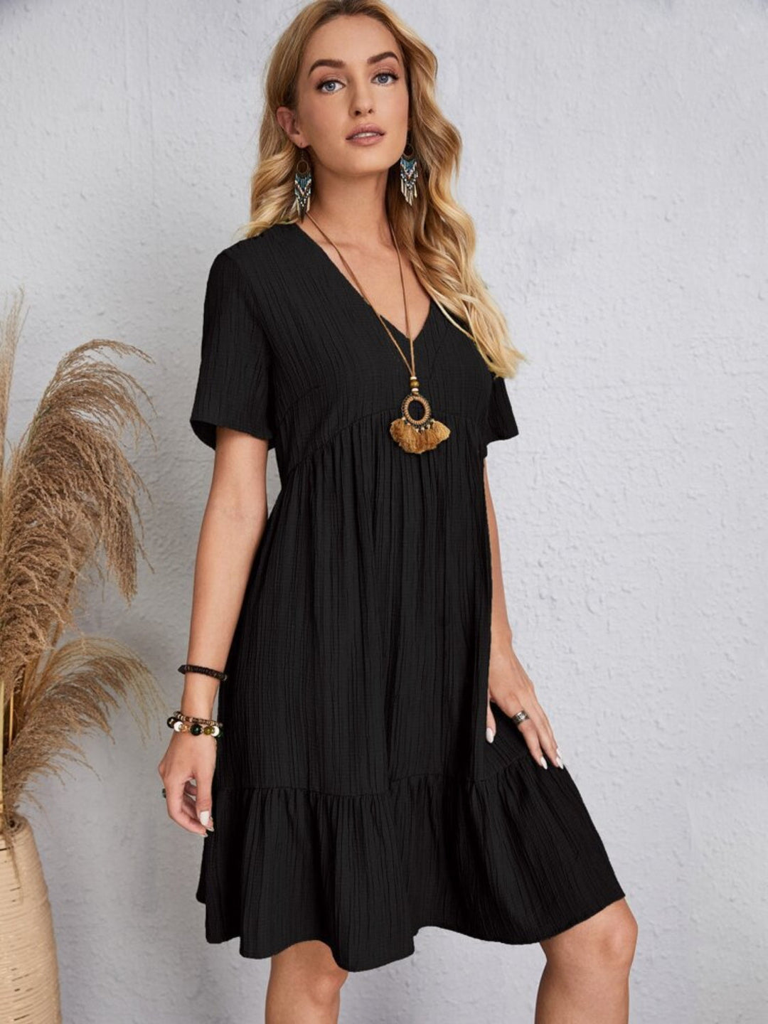 Belinda - Textured V Neck Tiered Mini Dress