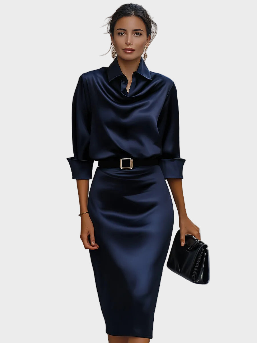 Sophia - Lustrous Draped-Collar Midi Dress