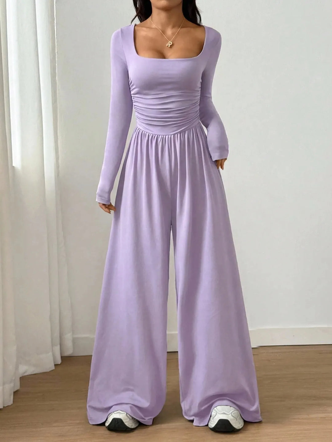 Alise - Ruched Square Neck Wide Leg Jumpsuit