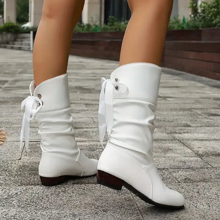 Hilda - Ruched Lace Up Mid Calf Boots