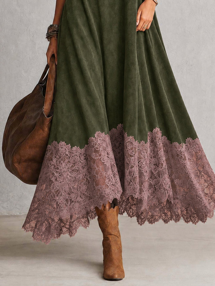 Maelis - Velvety Lace-Trim Maxi Dress