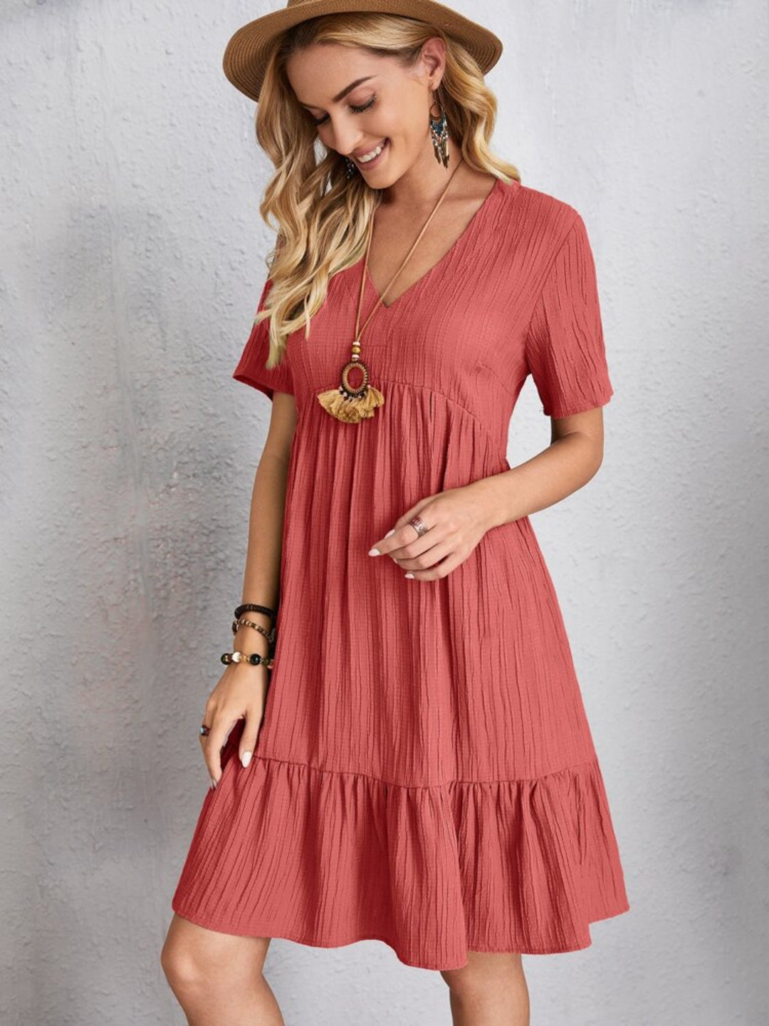 Belinda - Textured V Neck Tiered Mini Dress