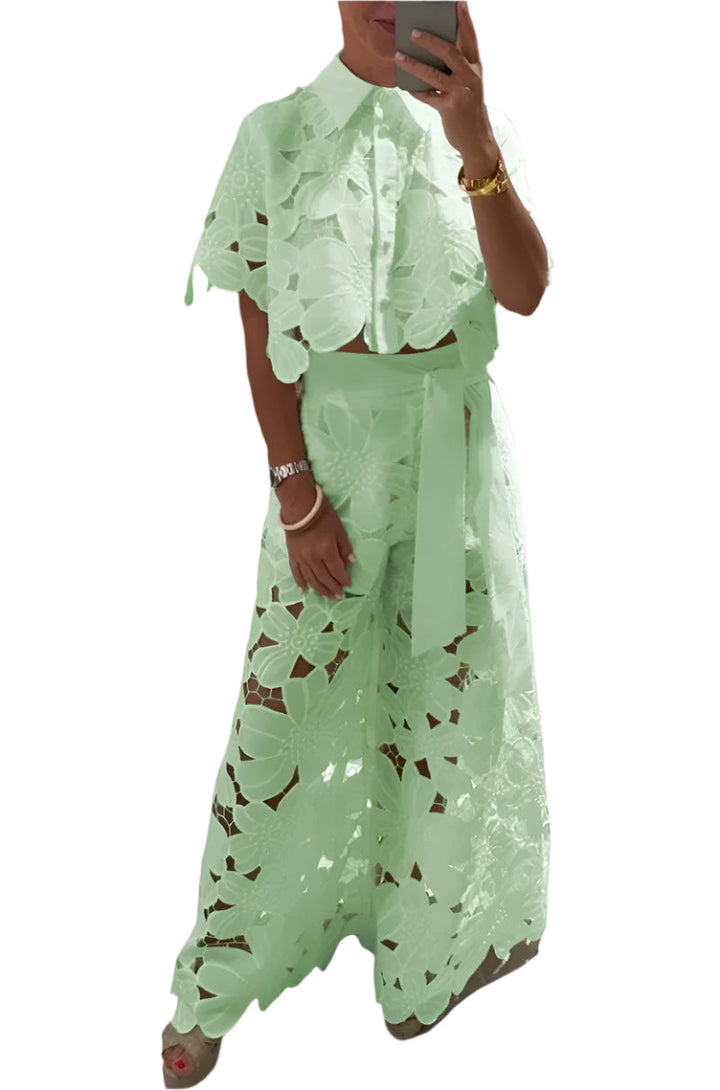 Celessia - Floral Lace Blouse and Wide Leg Trousers Set
