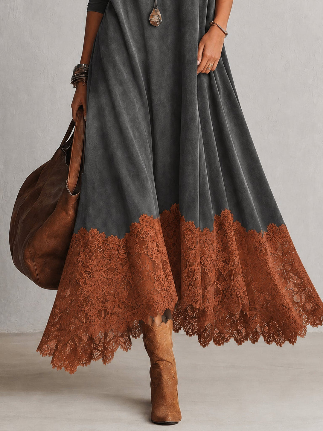 Maelis - Velvety Lace-Trim Maxi Dress