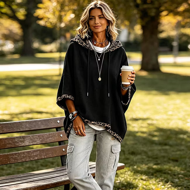 Aliz - Leopard Trim Batwing Hooded Sweatshirt