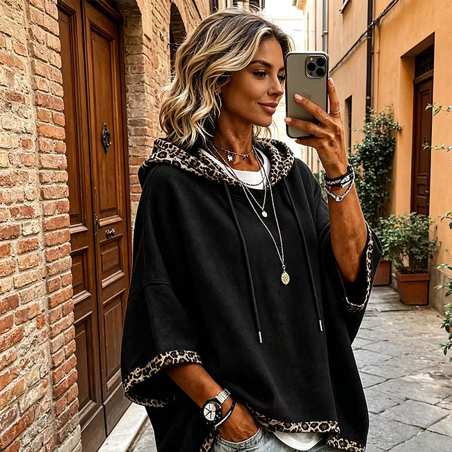Aliz - Leopard Trim Batwing Hooded Sweatshirt