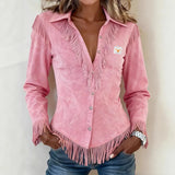 Zanea - Soft-Touch Fringed Button-Up Blouse