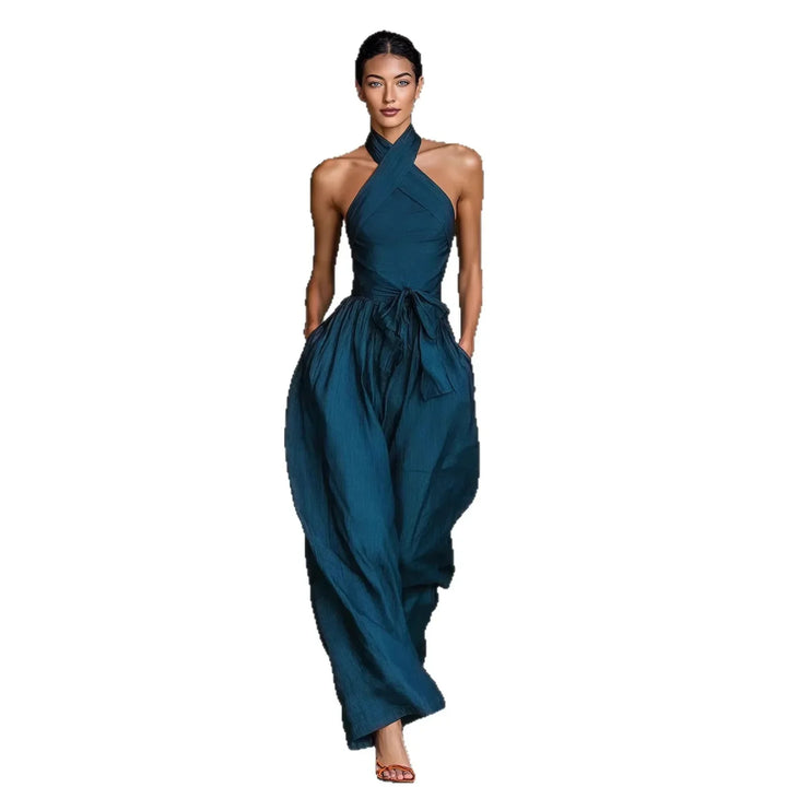 Evaria - Cross Halter Wide Leg Jumpsuit