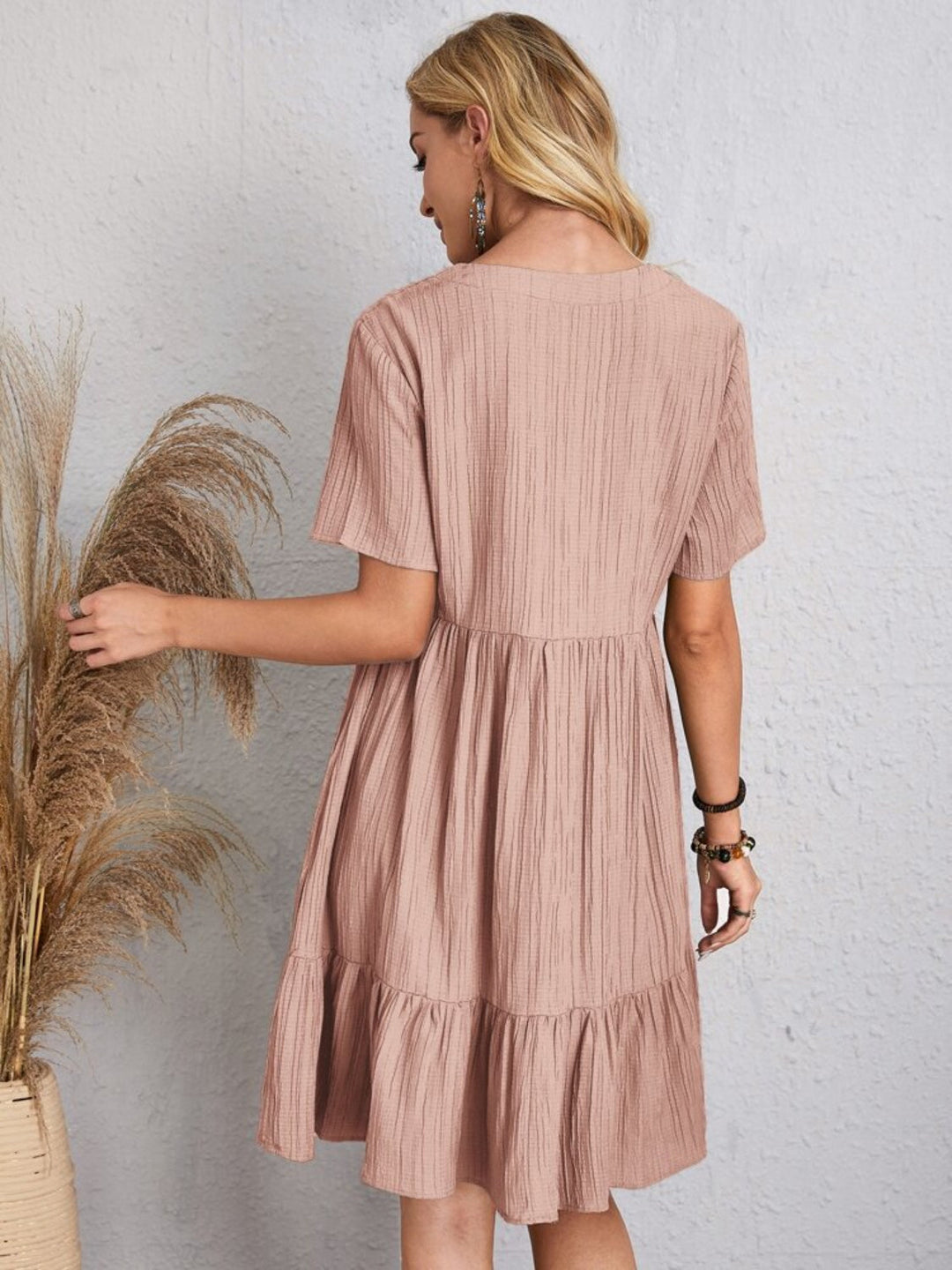 Belinda - Textured V Neck Tiered Mini Dress