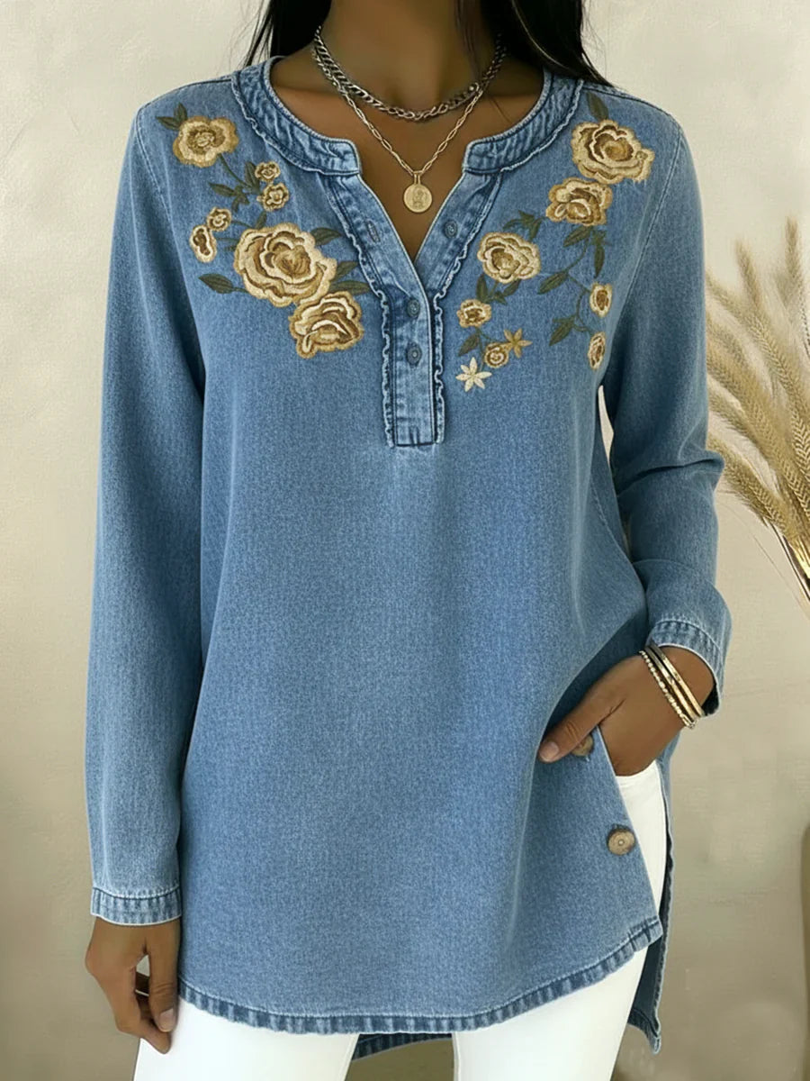 Seyla - Collar Floral Denim Shirt