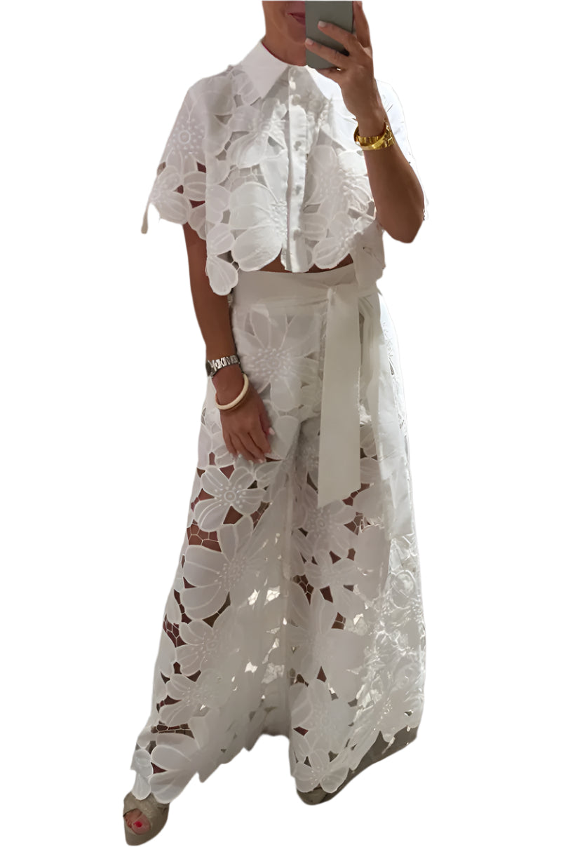 Celessia - Floral Lace Blouse and Wide Leg Trousers Set