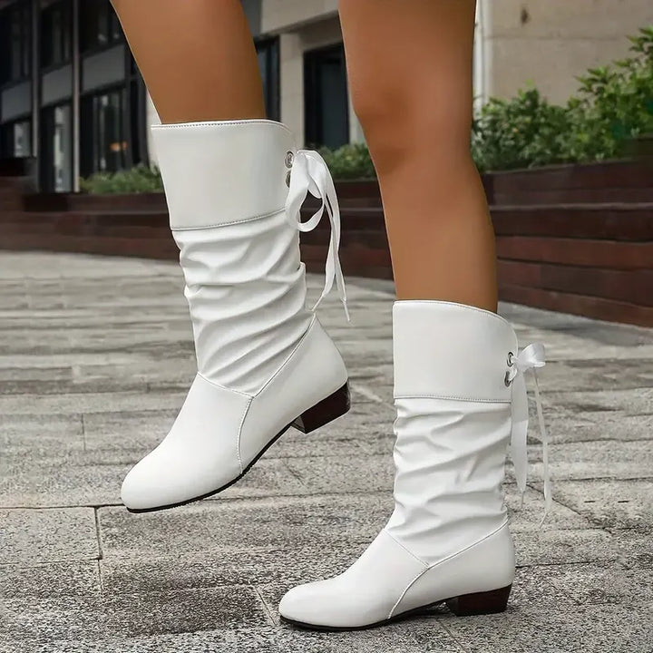 Hilda - Ruched Lace Up Mid Calf Boots