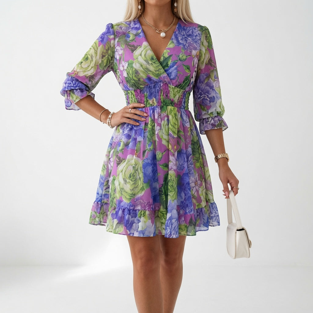 Maelona - Soft-Touch Floral Smocked Mini Dress