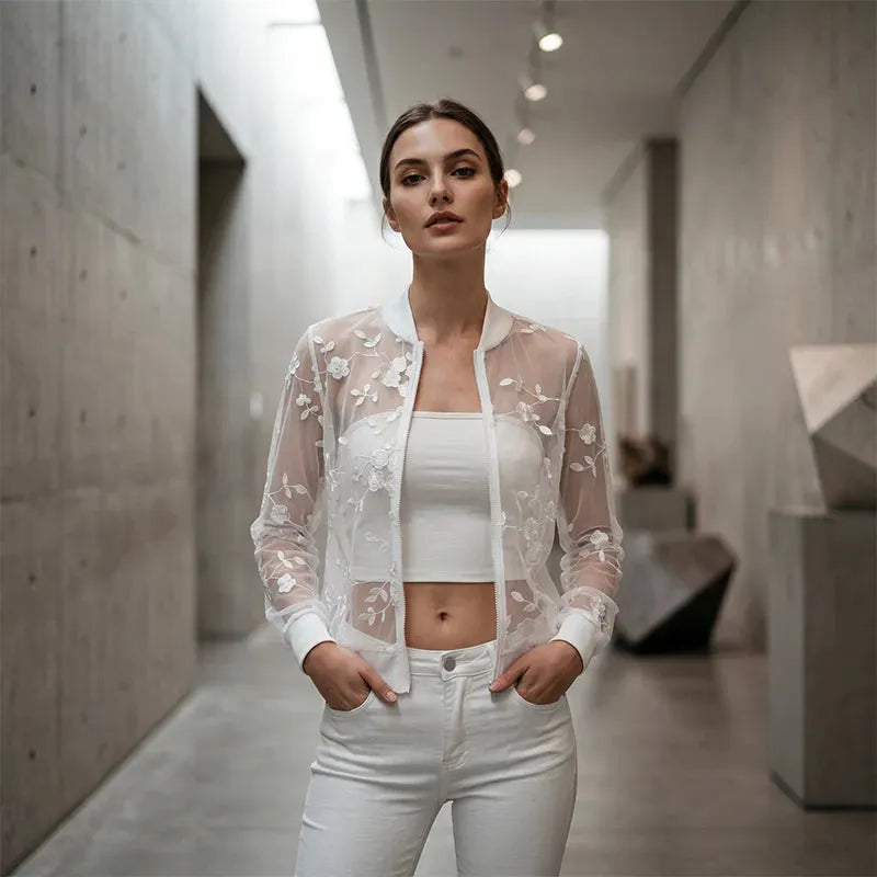 Aderisse - Sheer Floral Zip Cardigan