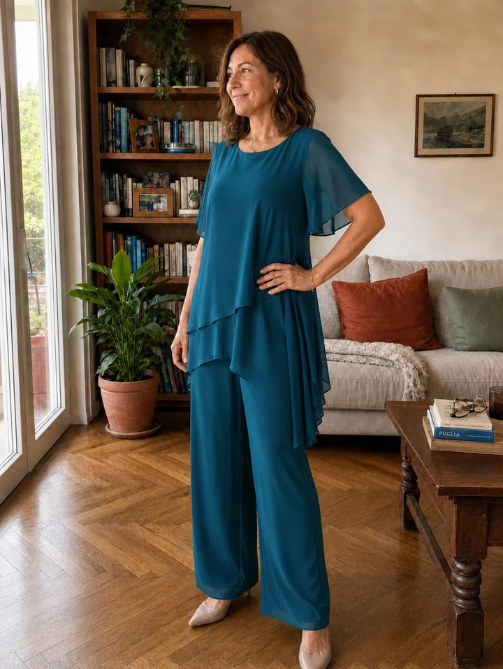 Dahlia - Layered Chiffon Top and Wide Leg Trousers Set