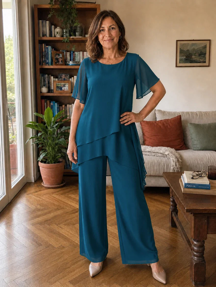 Dahlia - Layered Chiffon Top and Wide Leg Trousers Set