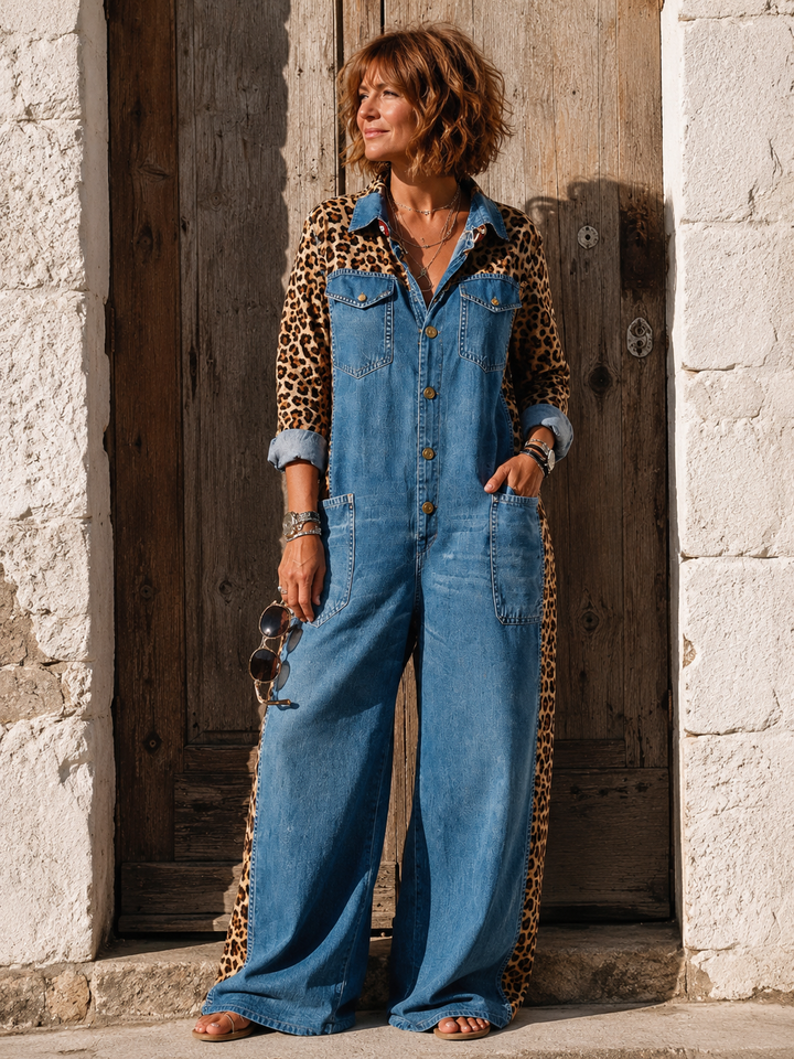 Annalise - Leopard Panel Denim Wide Leg Jumpsuit