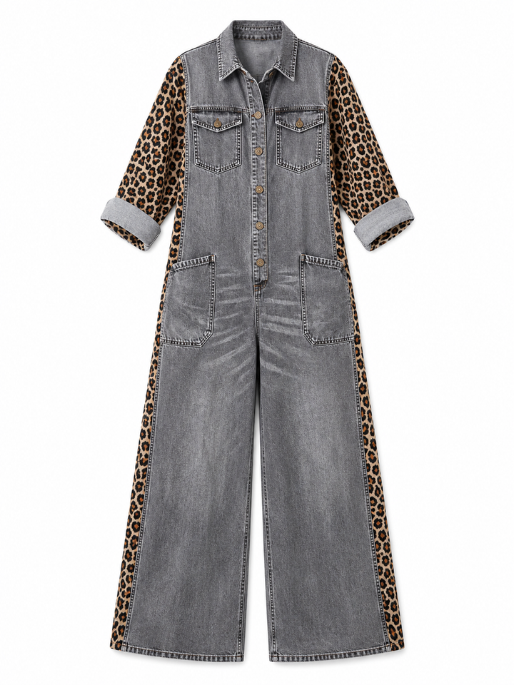 Annalise - Leopard Panel Denim Wide Leg Jumpsuit