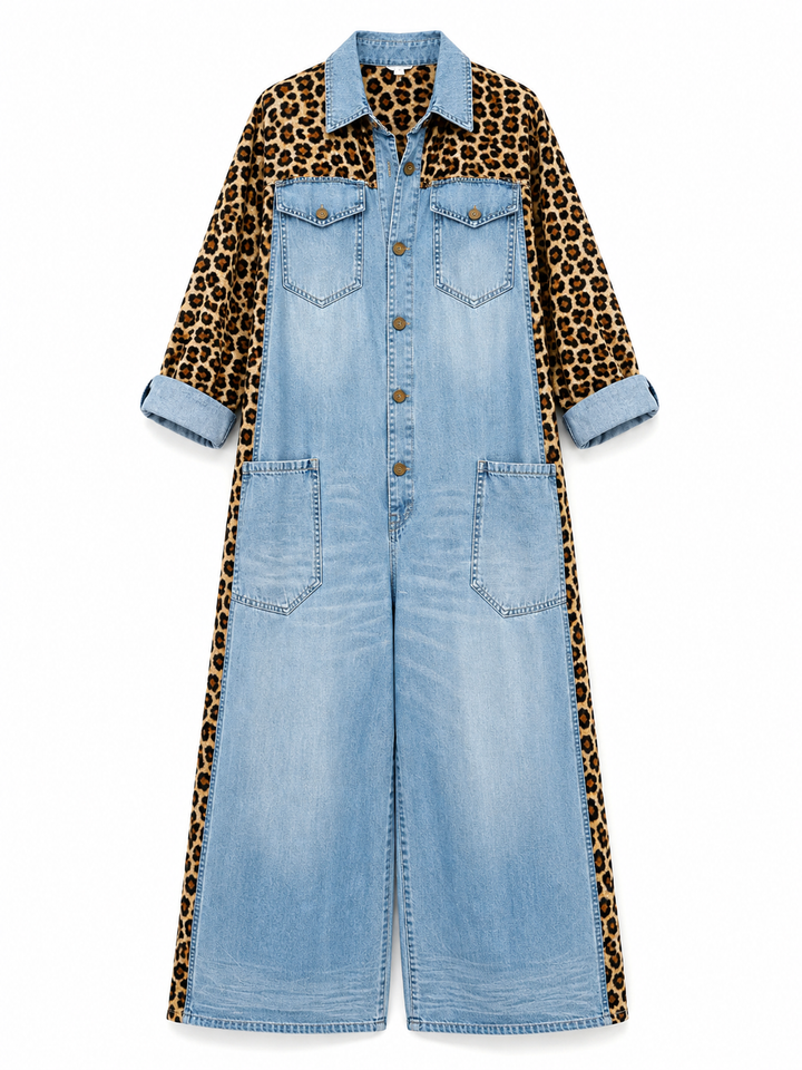 Annalise - Leopard Panel Denim Wide Leg Jumpsuit