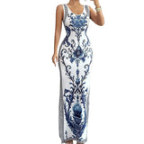 Marcella - Porcelain Print Side Slit Maxi Dress